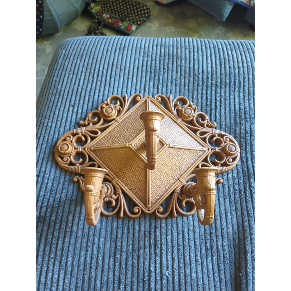 VTG 1978 Homco Wall Sconce 3 Candle Holder Changeable Wicker Look Boho